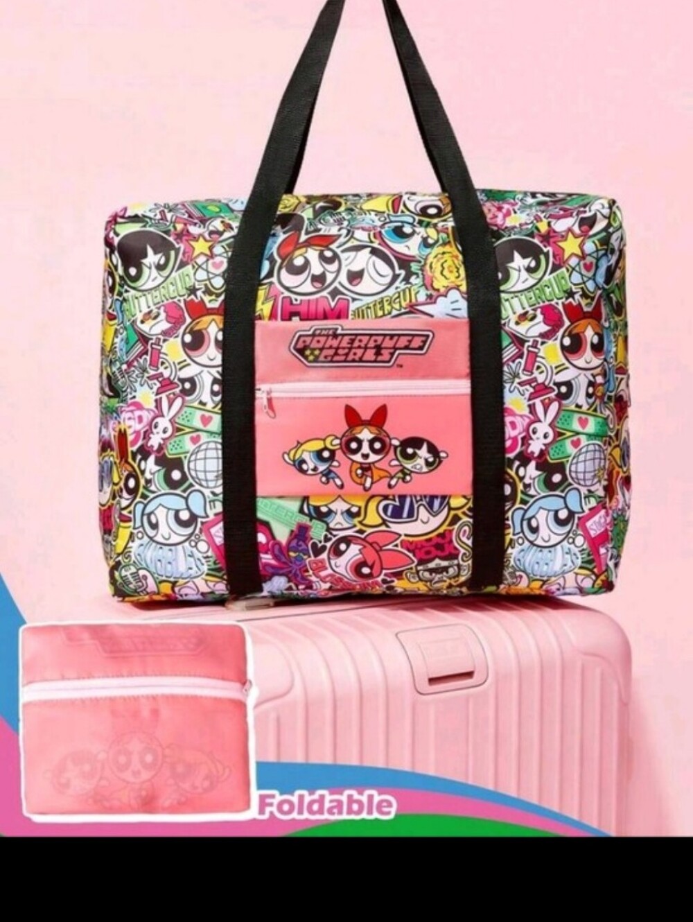Power Puff Girls Floral Foldable Travel Tote with Red Straps